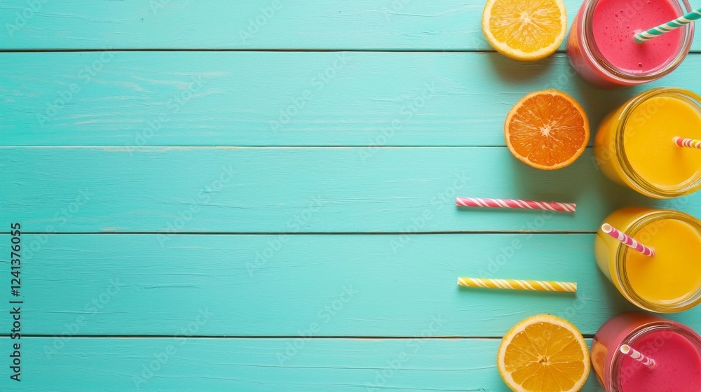 Poster brightly colored smoothies in jars share the spotlight with fresh citrus slices, creating a cheerful