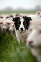 Fototapeta premium A Border Collie herding sheep in a field 