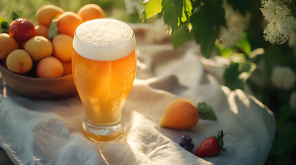 A wheat beer poured into a glass with thick foam, placed next to a summer fruit bowl, on a table covered with a light cloth, under the sun.