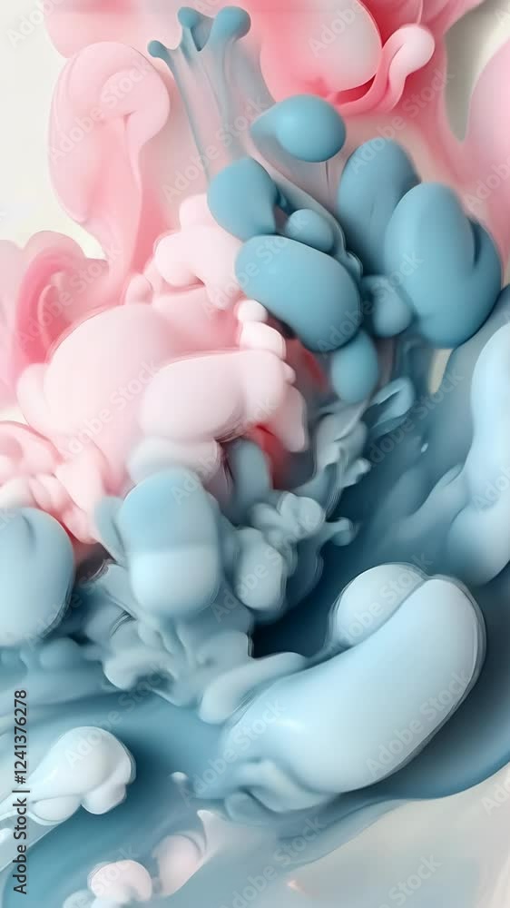 Poster swirling patterns of pink and blue paint create an abstract landscape in soft hues and fluid motion
