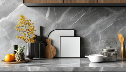 Kitchen product display background podium, grey marble tabletop surface background for kitchen product display background, ad, podium platform, product presentation space