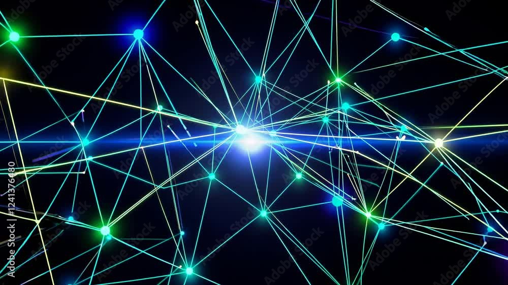 Poster colorful lines and glowing dots forming a futuristic plexus technology on dark background, represent