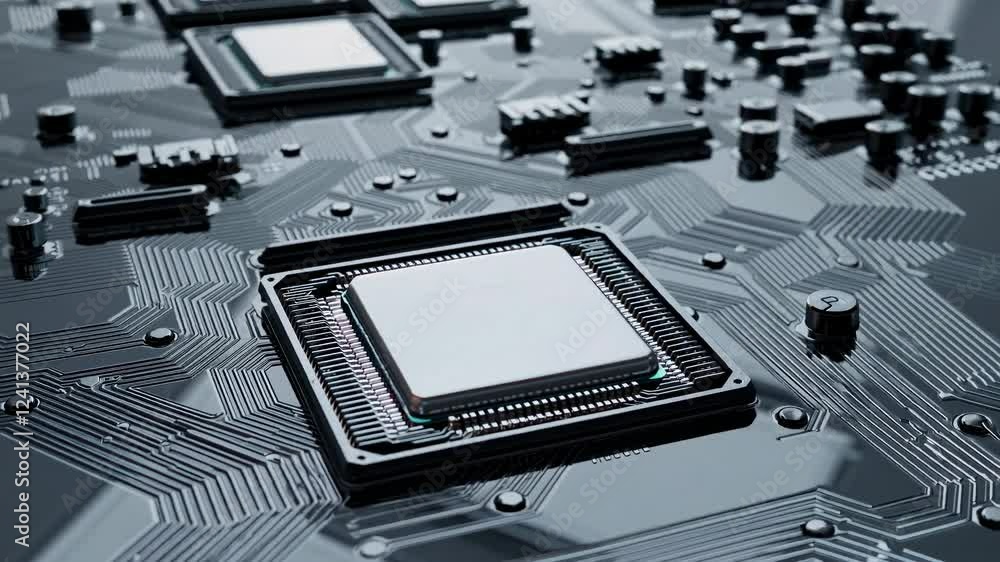 Poster close-up of a cpu connecting to a motherboard, showcasing the intricate circuitry and data flow with