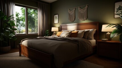 Cozy bedroom interior featuring a wooden bed with decorative pillows, plants, and natural light
