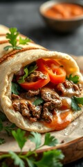 Delicious wrap with tender beef, fresh tomatoes, and herbs served in a vintage setting