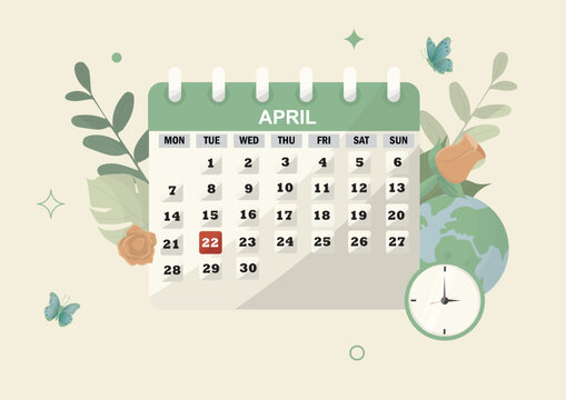 Earth day Calendar. Earth Day Reminder. 22 april event. calendar for April with the 22nd highlighted, commemorating Earth Day. Flat style. April calendar with Eco-friendly themes. Vector illustration