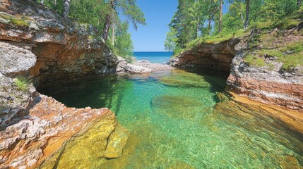 Crystal-clear lake inlet, rocky shores, pine trees, sunny day, travel postcard