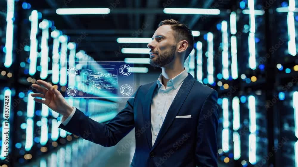 Poster it specialist is using a holographic augmented reality interface to monitor and analyze server data 