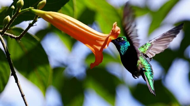 hummingbird sipping nectar from a trumpet-shaped flower