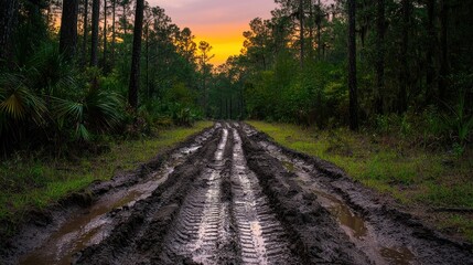 Obraz premium Sunset over muddy tire tracks in a lush forest, showcasing nature's beauty and tranquility