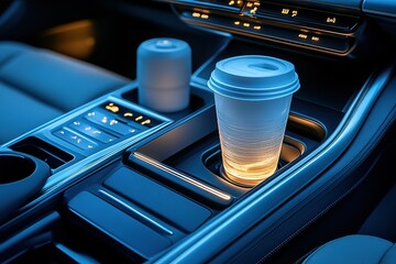 A cup of coffee rests in a car's illuminated cupholder alongside a small container Modern vehicle interior detail