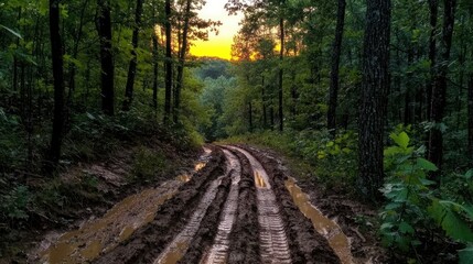 Obraz premium Muddy trail winding through lush green forest at sunset, creating a serene outdoor scene