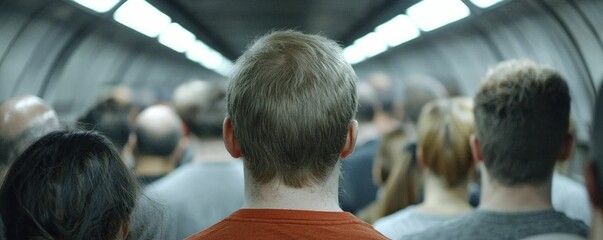 Fatigue and stress in bustling city life with blurred figures of commuters in a packed subway station. Bright lights and shadows heighten unease.