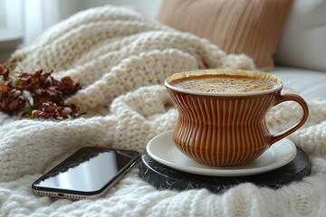 Cozy morning with coffee and a knitted blanket