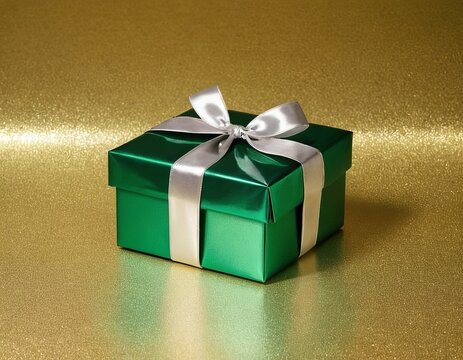 Elegant green gift box with a silver ribbon against a shimmering golden background.