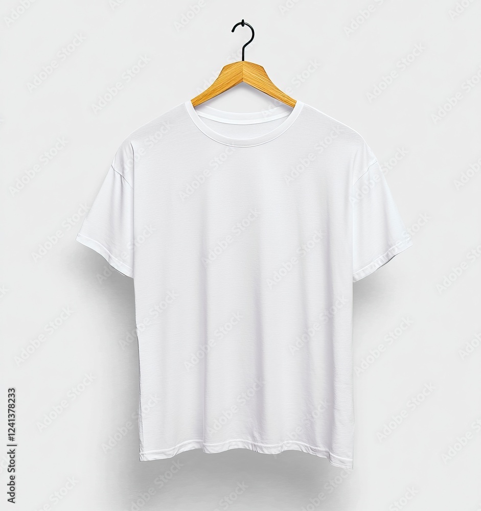 Poster White T-shirt hanging on a wooden hanger, plain white background, mockup template stock photo. --ar 15:16 --v 6.1 Job ID: 154091d6-3d01-452d-804c-4ac479f16f00