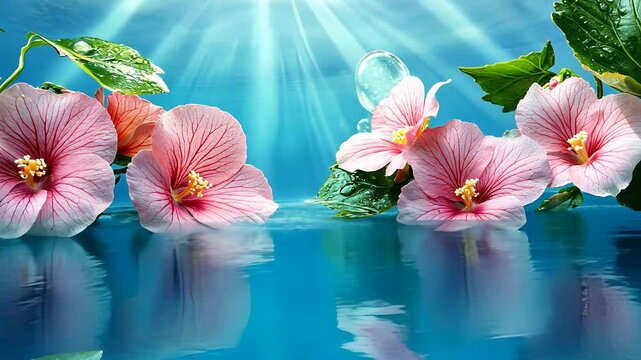 Pink Hibiscus Flowers Floating on Calm Blue Water Under Sunlight
