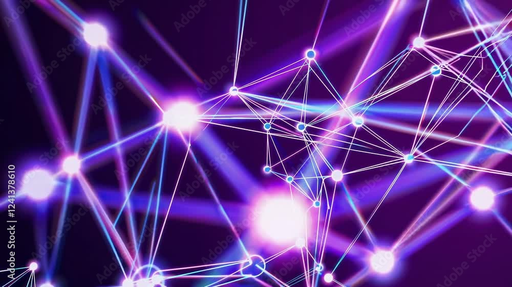 Poster interconnected glowing nodes and lines forming a futuristic plexus structure against a vibrant purpl