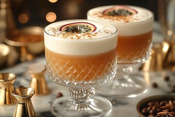Two elegant cocktails garnished with passion fruit and cinnamon A festive drink for special occasions