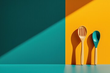 Playful kitchen decor featuring whimsical utensils against a bright wall captured from a low angle