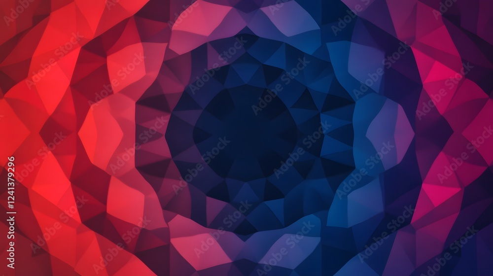 Poster striking abstract geometric pattern in dynamic red and blue shades with clean center space