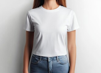 Obraz premium White T-shirt mockup for women, front view, white background, high resolution, no people, mock-up template stock photo --ar 128:93 --v 6.1 Job ID: 68adbee4-f57d-4198-aec5-864e3637658a