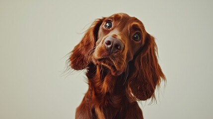 Fluffy dog portraits indoor studio pet photography neutral background close-up playful spirit