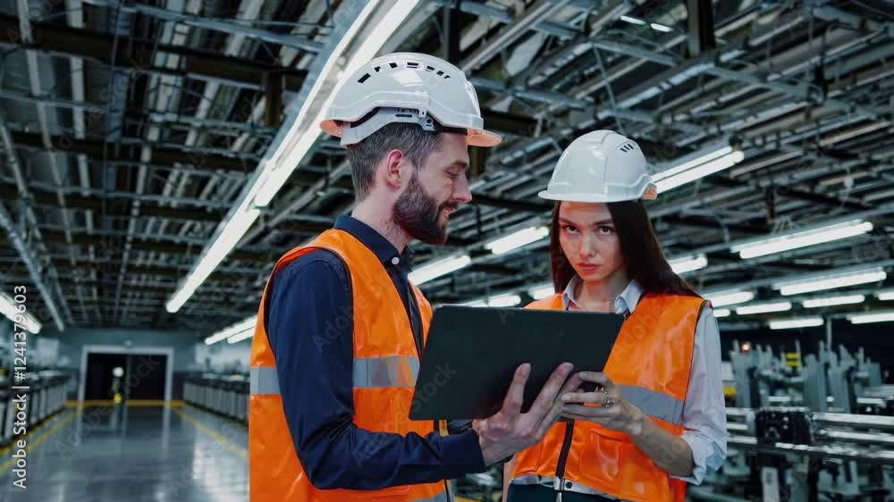 Poster two industrial engineers wearing safety vests and helmets are using a digital tablet, discussing pro