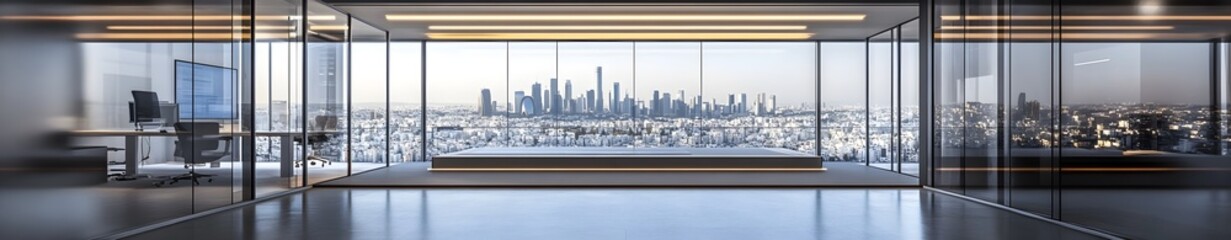 Sleek Modern Office with Panoramic Glass Windows Overlooking Tel Aviv Skyline