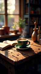 "Steaming Cup of Coffee on Rustic Wooden Table in Cozy Sunlit Library"