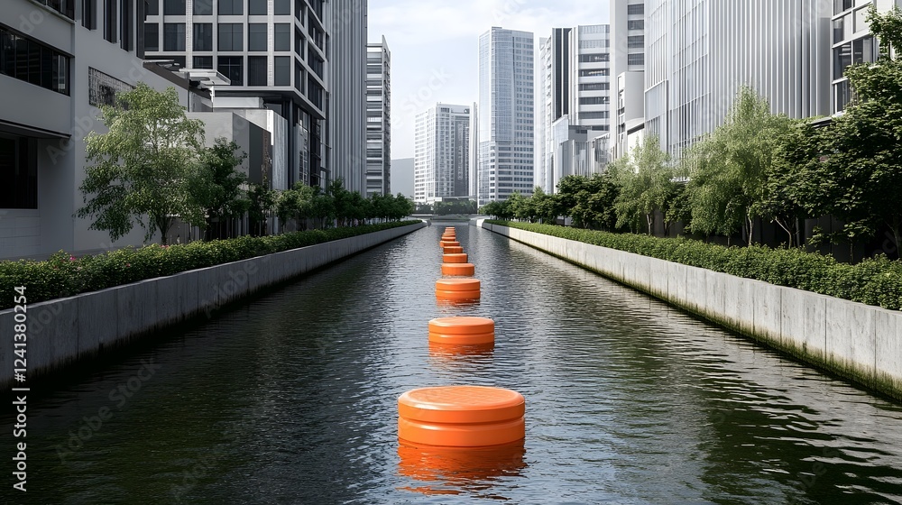 Poster floating devices in urban canal capturing trash to prevent ocean pollution