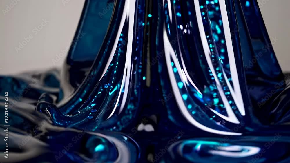 Poster shiny blue azure liquid flowing and creating abstract shapes with glitter particles reflecting light