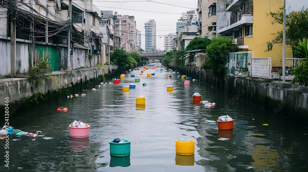 Poster urban waterway with floating trash capture devices for pollution control