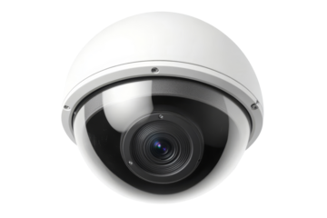 Modern dome surveillance camera featuring sleek design and high-resolution lens on a transparent backdrop