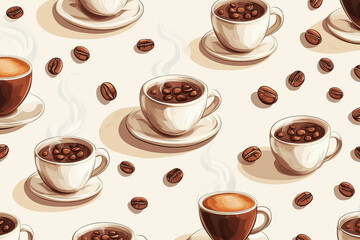 Obraz premium Seamless pattern featuring coffee beans and steaming coffee cups on a light beige background for a warm, inviting atmosphere