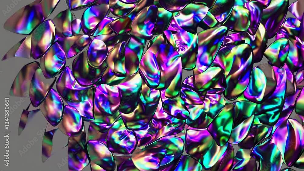 Poster creating an abstract background filled with numerous iridescent crystal gems, featuring vibrant refl