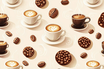 Obraz premium Seamless pattern showcasing coffee cups, beans, and steam swirls on a cozy beige background