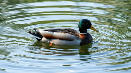 Obraz premium Mallard duck swimming in calm water surrounded by ripples during a sunny day