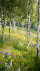 A wildflower meadow interspersed with young birch trees, showcasing a harmonious blend of flora and nature.