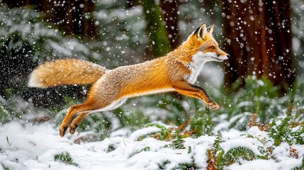 Red fox leaping through snowy forest; winter wildlife