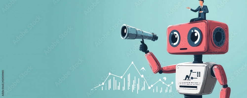 Poster artificial intelligence robot analyzing data with a telescope for business insights