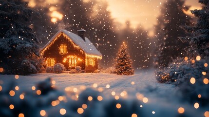 Fototapeta premium A Magical Winter Wonderland: Cozy Cabin, Sparkling Lights, and a Snow-Covered Christmas Tree in a Dreamlike Forest Setting