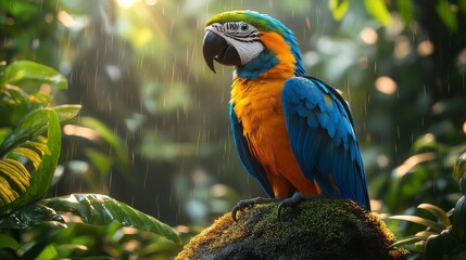 Obraz premium A Majestic Blue-and-gold Macaw in the Tropical Rainforest During a Gentle Shower