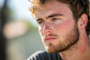 Fototapeta premium Young man with sunburned cheeks gazing into the distance