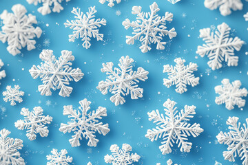 Seamless pattern of falling snowflakes with intricate crystal shapes against a soft blue gradient background in an elegant winter setting