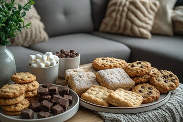 A cozy assortment of cookies marshmallows and chocolate pieces arranged on a coffee table