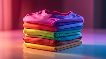 Stack of Colorful T-Shirts in Vibrant Neon Lighting