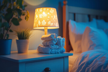 Stack of clean diapers placed on nightstand under a warm lamp, ready for nighttime diaper changes in a cozy nursery