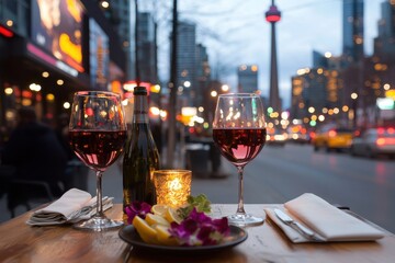 Naklejka premium Lively late-night outdoor dining scene city streets gastronomic delights urban lights wide-angle perspective vibrant atmosphere