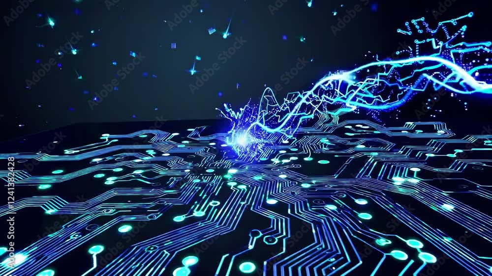 Poster complex network of electrical impulses flowing through a circuit board, generating bright light and 